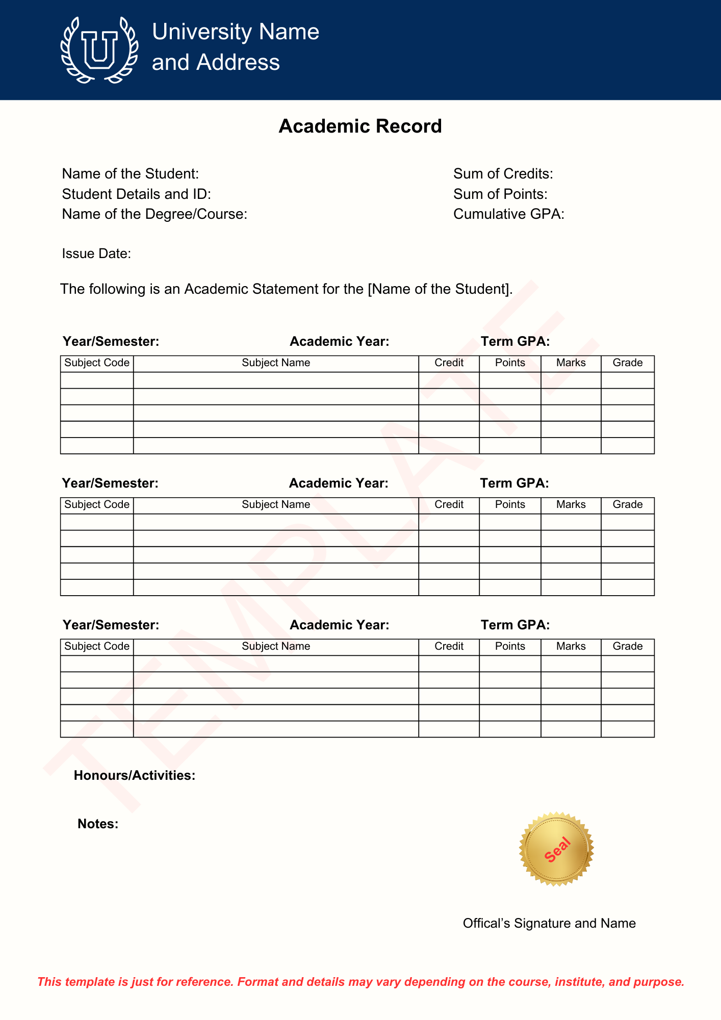 Academic Transcript Template